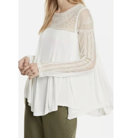 FREE PEOPLE Romantic JoJo Tee mixed Media Mesh Lace Long Sleeve Top - Picture 12 of 12